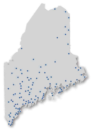 The state of Maine with dots showing the Maine Cash Access network of ATMs